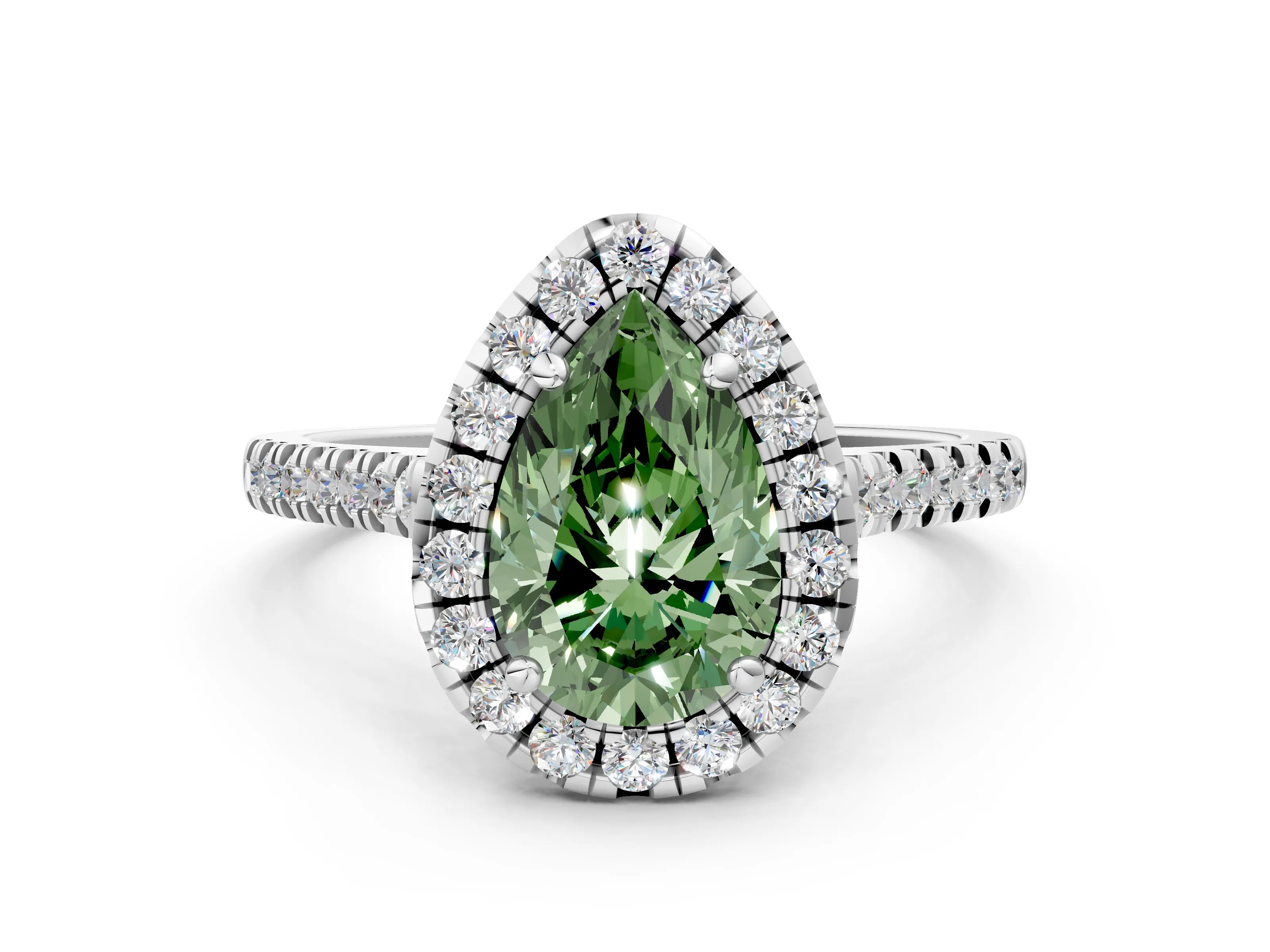White gold Fancy Green Pear Cut Diamond Cushion Halo Ring with Pavé Band_12