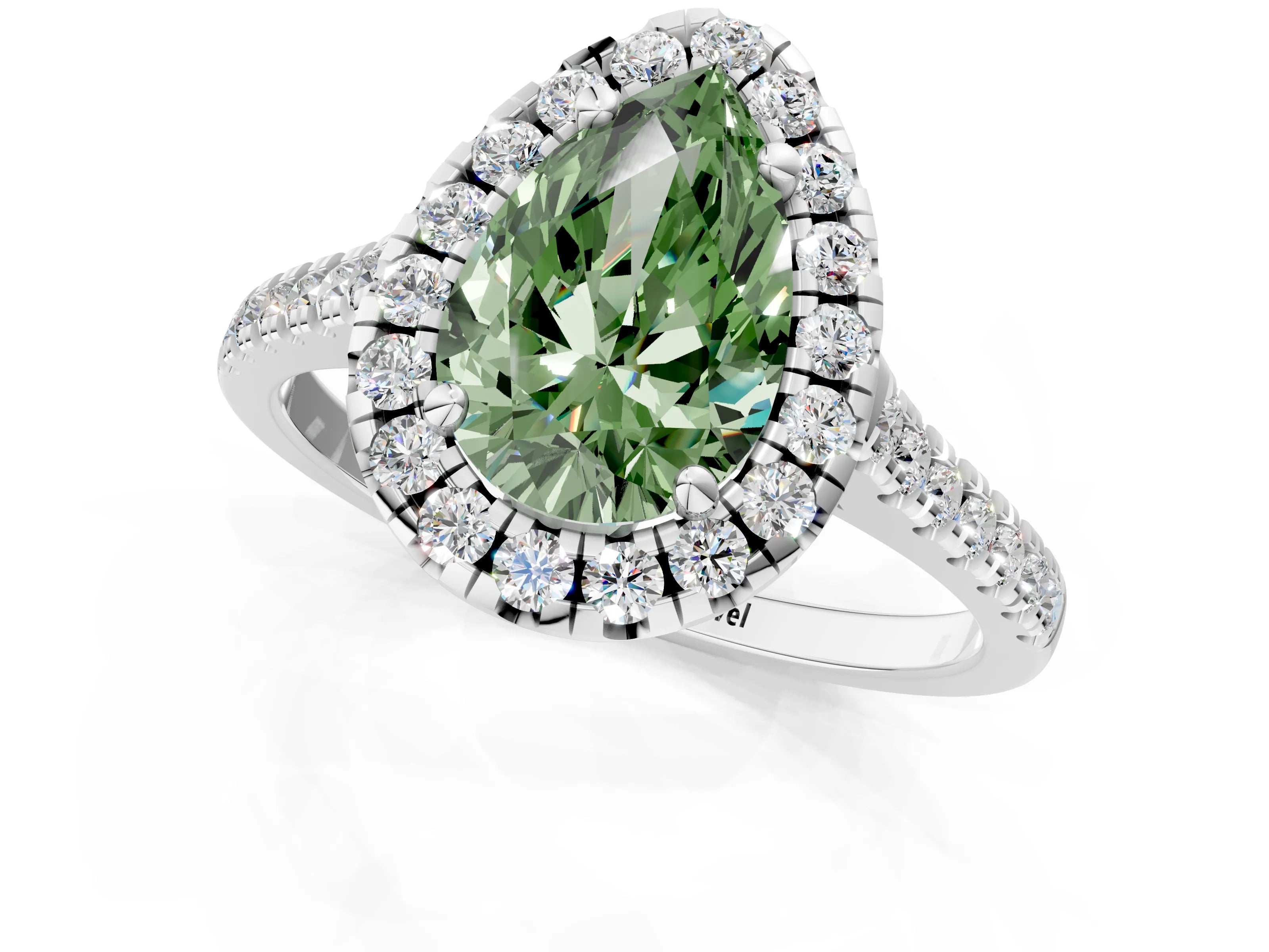 White gold Fancy Green Pear Cut Diamond Cushion Halo Ring with Pavé Band_13