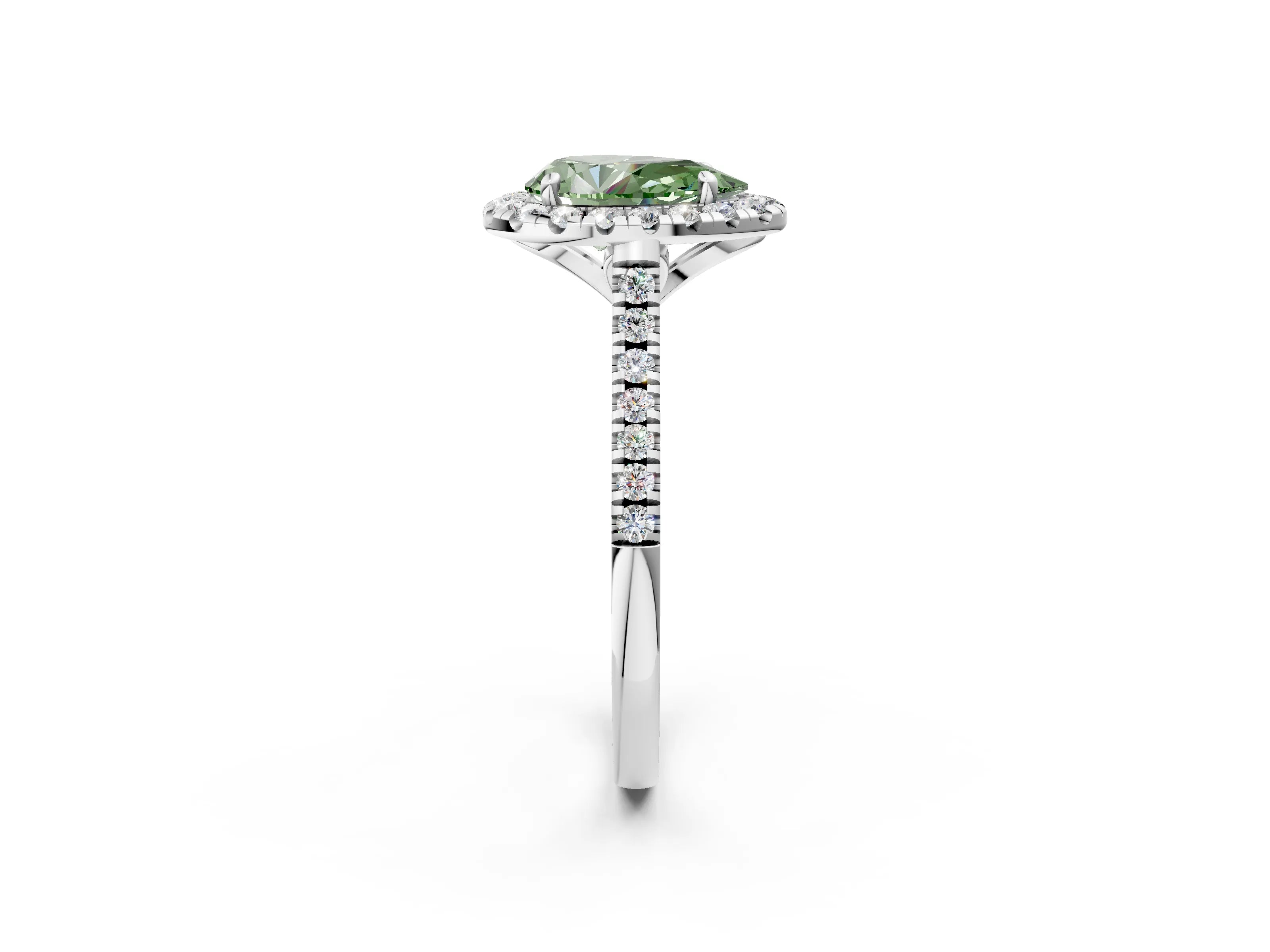 White gold Fancy Green Pear Cut Diamond Cushion Halo Ring with Pavé Band_14
