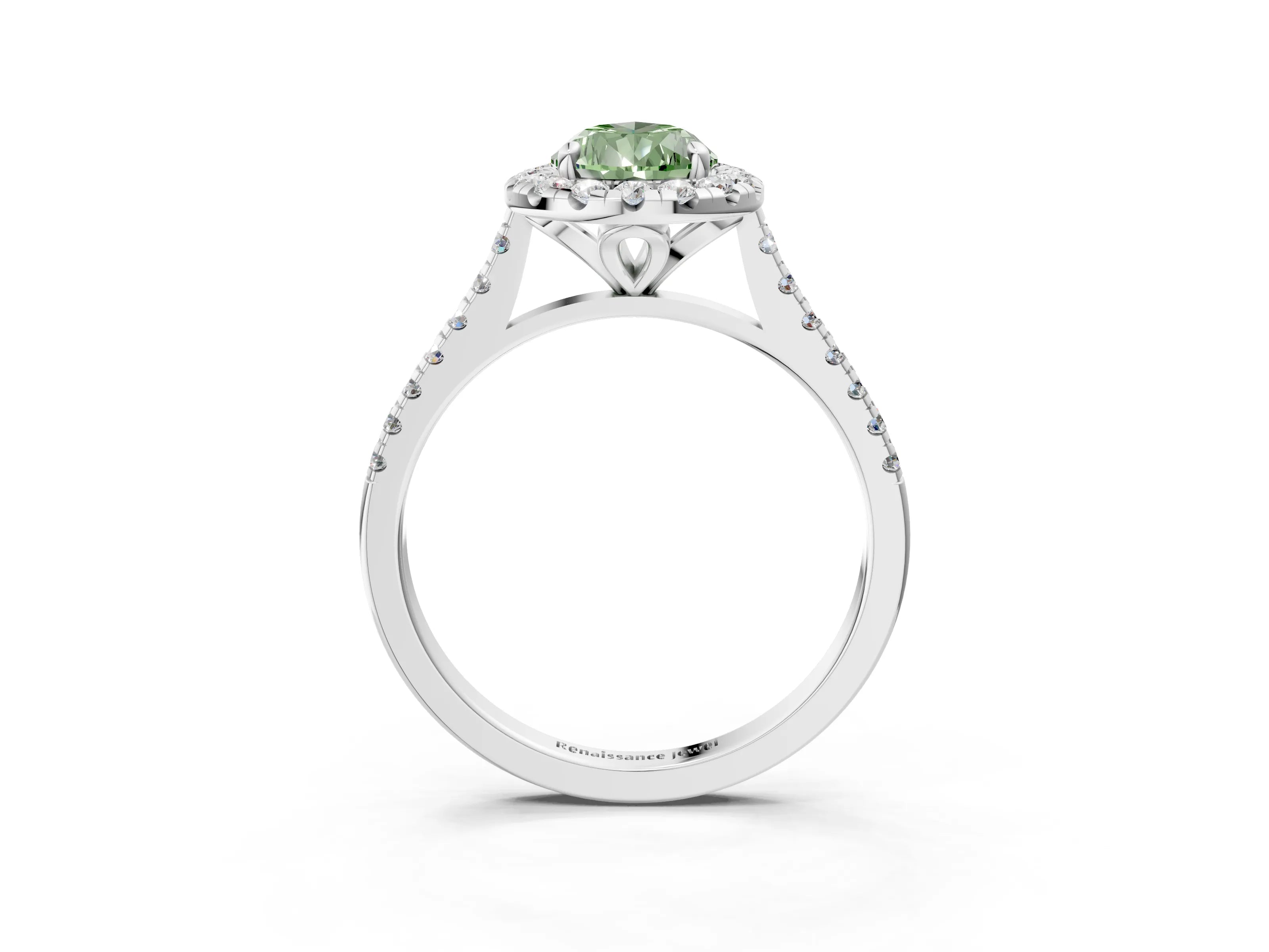 White gold Fancy Green Pear Cut Diamond Cushion Halo Ring with Pavé Band_15