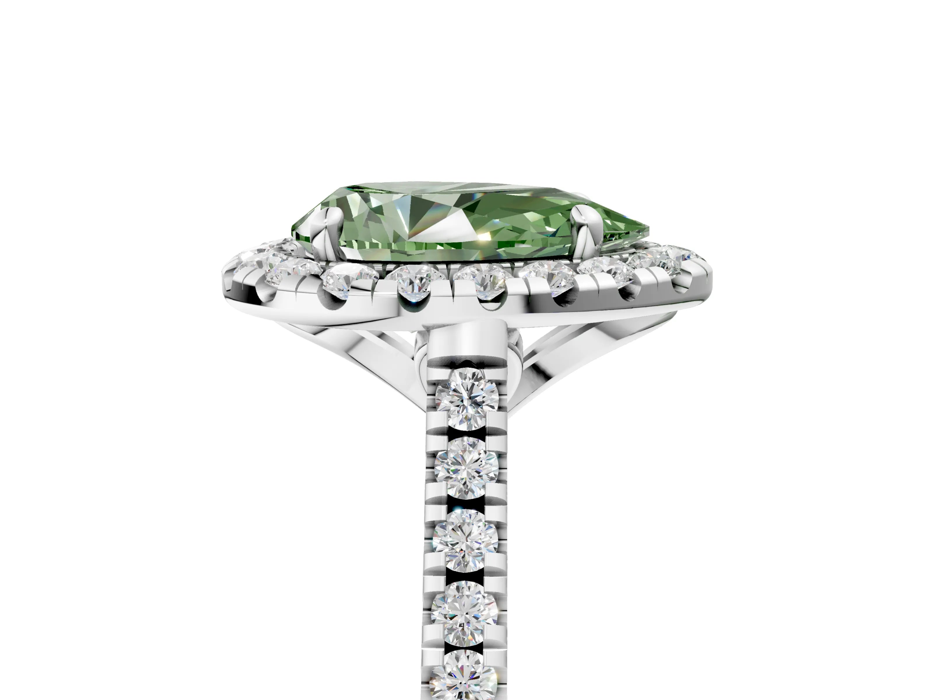 White gold Fancy Green Pear Cut Diamond Cushion Halo Ring with Pavé Band_17