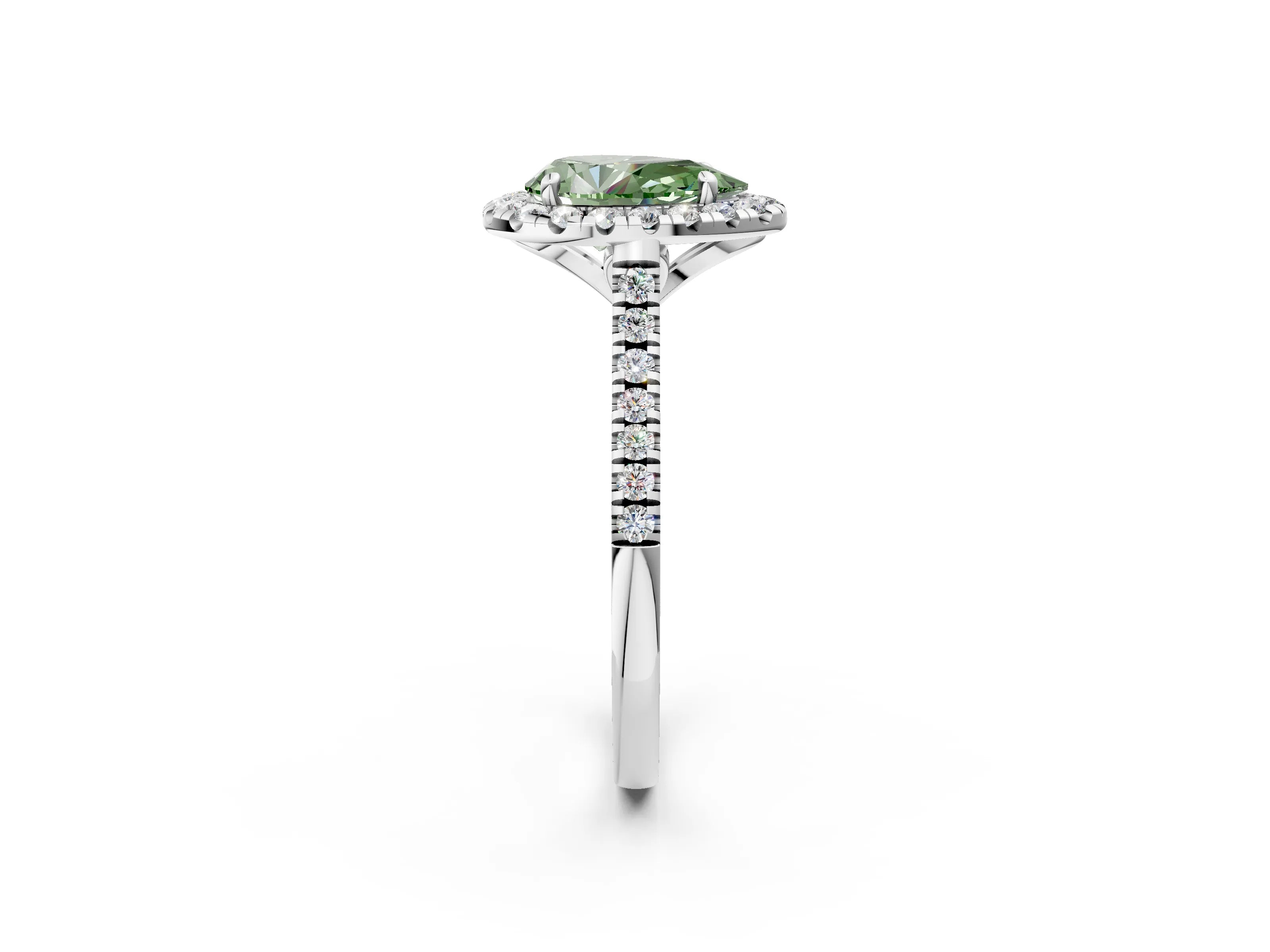 White gold Fancy Green Pear Cut Diamond Cushion Halo Ring with Pavé Band_2