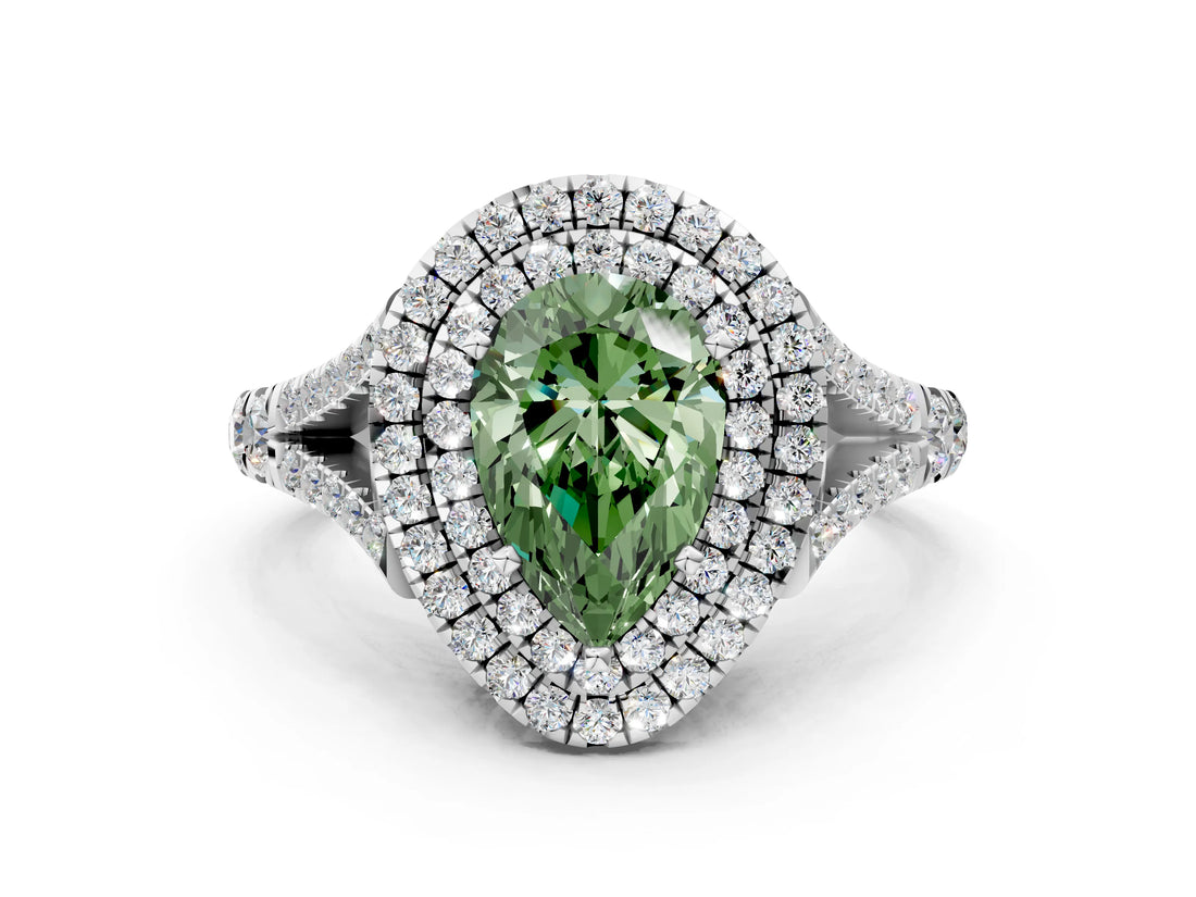 White gold Fancy Green Pear Cut Diamond Double Halo Ring with Split Shank and Prong Setting_27