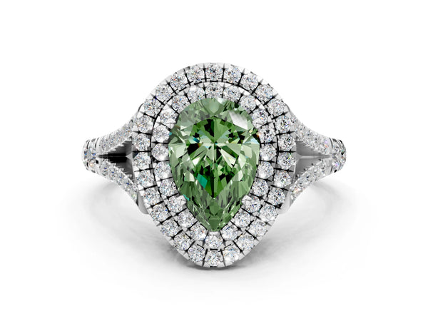 White gold Fancy Green Pear Cut Diamond Double Halo Ring with Split Shank and Prong Setting