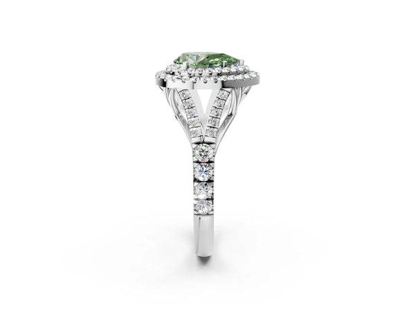 White gold Fancy Green Pear Cut Diamond Double Halo Ring with Split Shank and Prong Setting