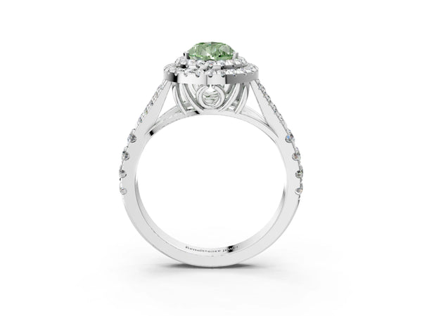 White gold Fancy Green Pear Cut Diamond Double Halo Ring with Split Shank and Prong Setting