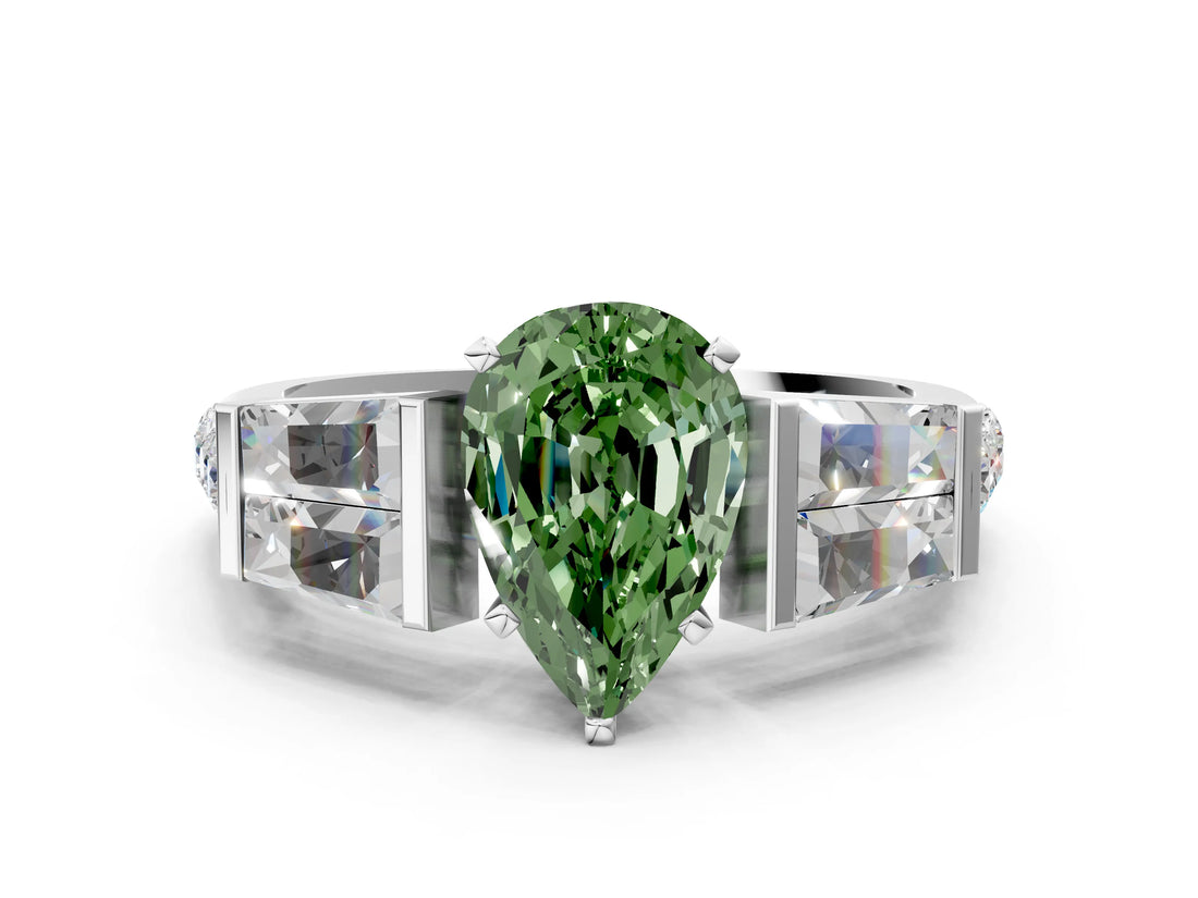 White gold Fancy Green Pear Cut Diamond Engagement Ring with Baguette Side Stones and Channel Set Band_32