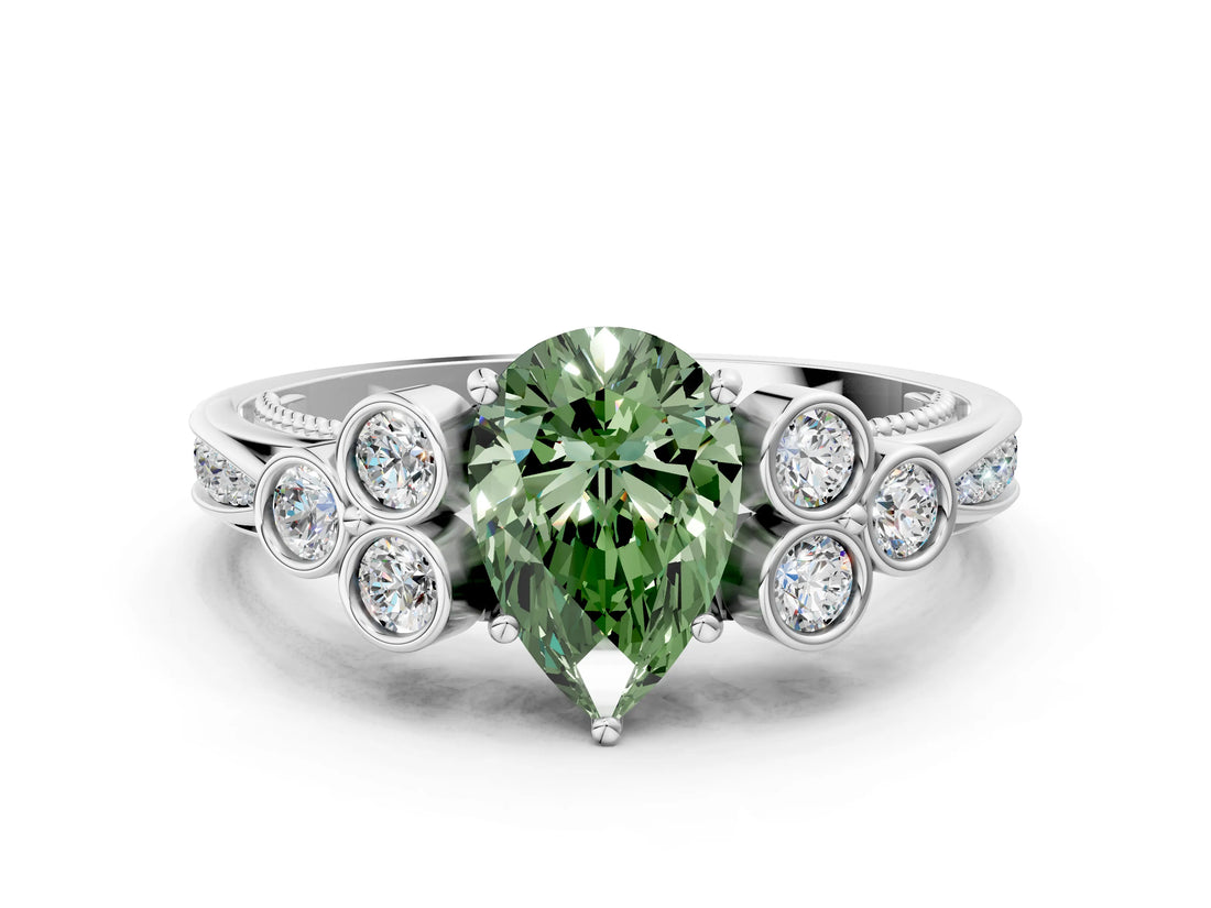 White gold Fancy Green Pear  Cut Diamond Engagement Ring with Bezel Set Round Side Stones and Prong Setting_49