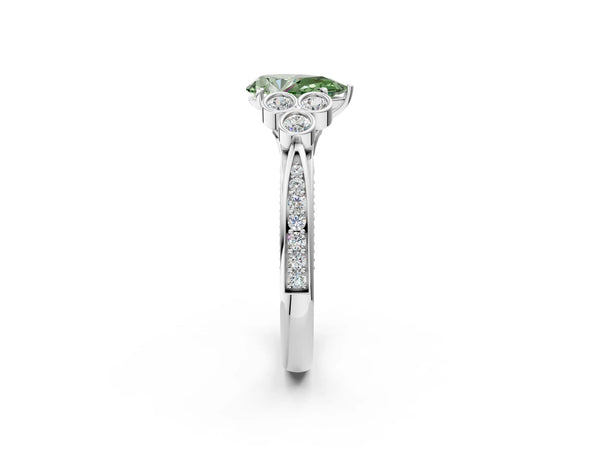 White gold Fancy Green Pear  Cut Diamond Engagement Ring with Bezel Set Round Side Stones and Prong Setting