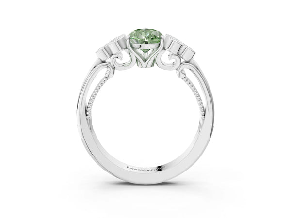 White gold Fancy Green Pear  Cut Diamond Engagement Ring with Bezel Set Round Side Stones and Prong Setting