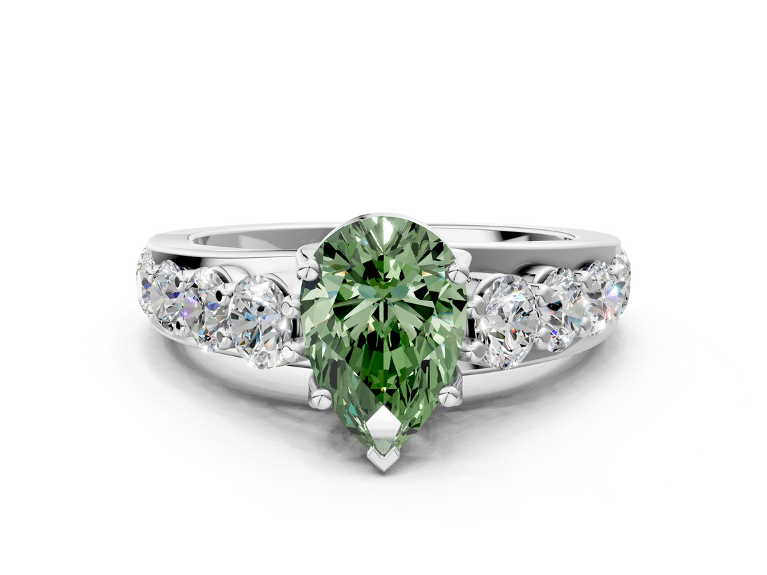 White gold Fancy Green Pear  Cut Diamond Engagement Ring with Pavé Band and Four-Prong Setting_3
