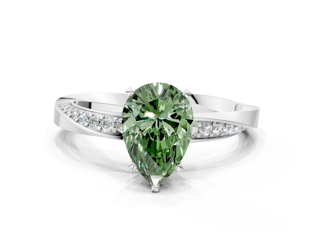 White gold Fancy Green Pear Cut Diamond Engagement Ring with Side Stone Accents and Four-Prong Setting_48