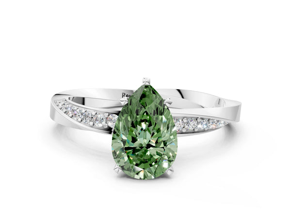 White gold Fancy Green Pear Cut Diamond Engagement Ring with Side Stone Accents and Four-Prong Setting