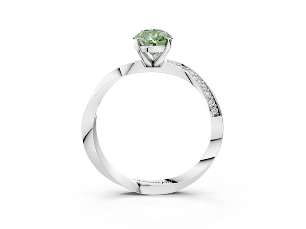 White gold Fancy Green Pear Cut Diamond Engagement Ring with Side Stone Accents and Four-Prong Setting