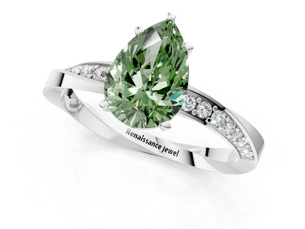 White gold Fancy Green Pear Cut Diamond Engagement Ring with Side Stone Accents and Four-Prong Setting