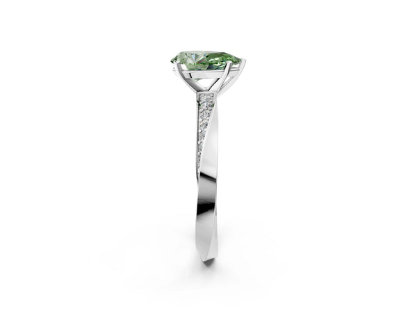 White gold Fancy Green Pear Cut Diamond Engagement Ring with Side Stone Accents and Four-Prong Setting
