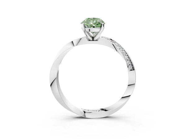 White gold Fancy Green Pear Cut Diamond Engagement Ring with Side Stone Accents and Four-Prong Setting