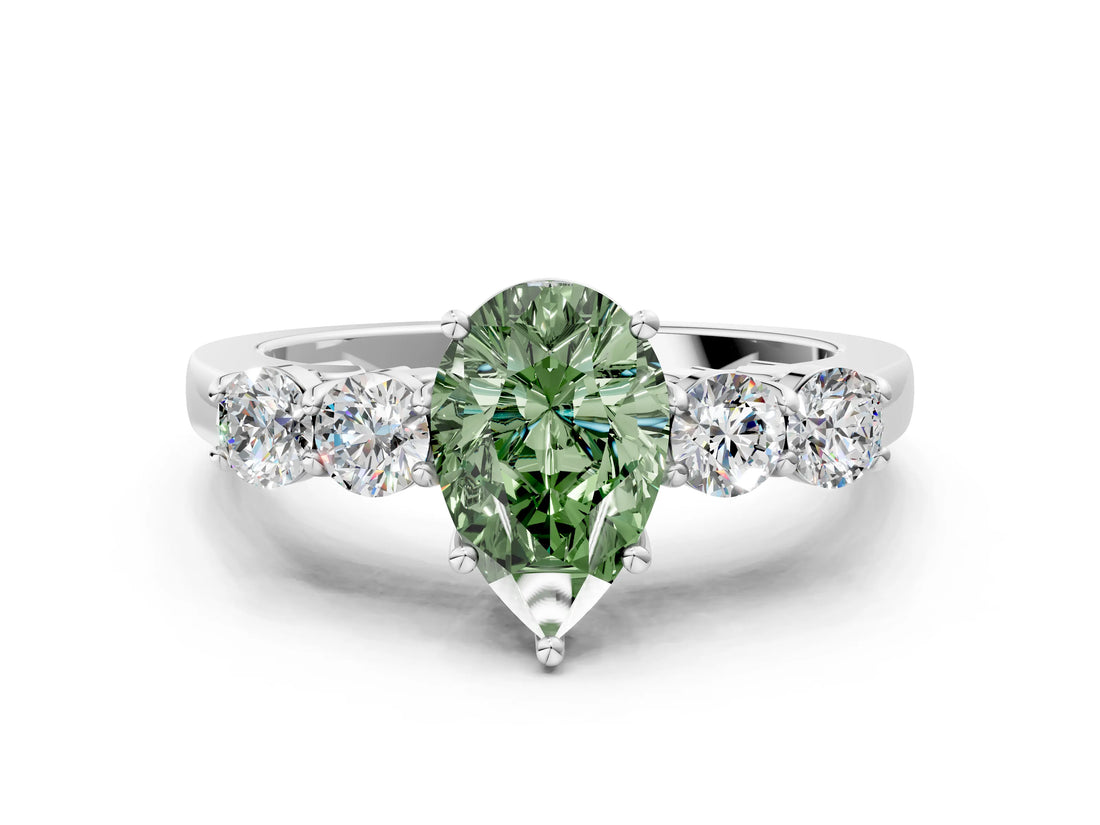 White gold Fancy Green Pear  Cut Diamond Five-Stone Prong Set White Gold Ring_32