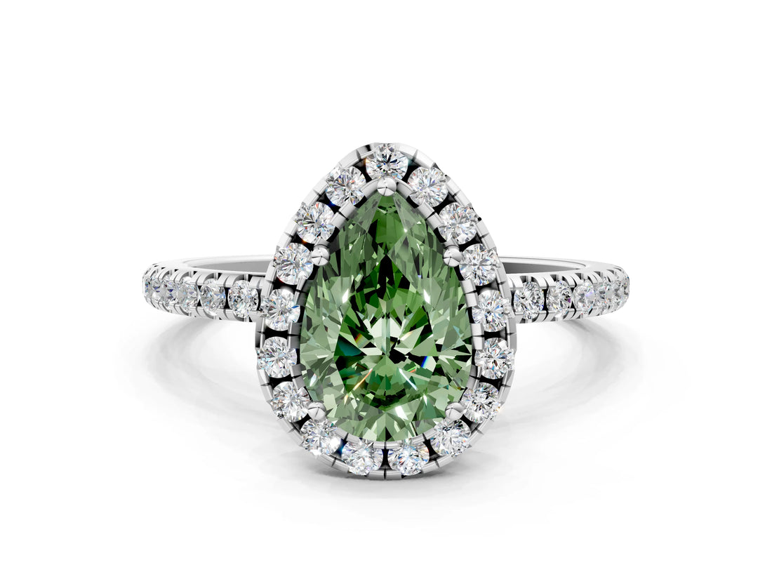 White gold Fancy Green Pear  Cut Diamond Floral Halo Engagement Ring with Pavé Band and Prong Setting_55