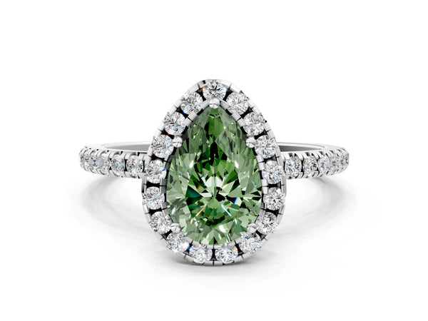 White gold Fancy Green Pear  Cut Diamond Floral Halo Engagement Ring with Pavé Band and Prong Setting