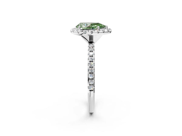 White gold Fancy Green Pear  Cut Diamond Floral Halo Engagement Ring with Pavé Band and Prong Setting