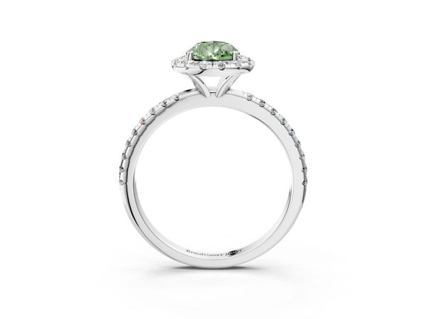 White gold Fancy Green Pear  Cut Diamond Floral Halo Engagement Ring with Pavé Band and Prong Setting
