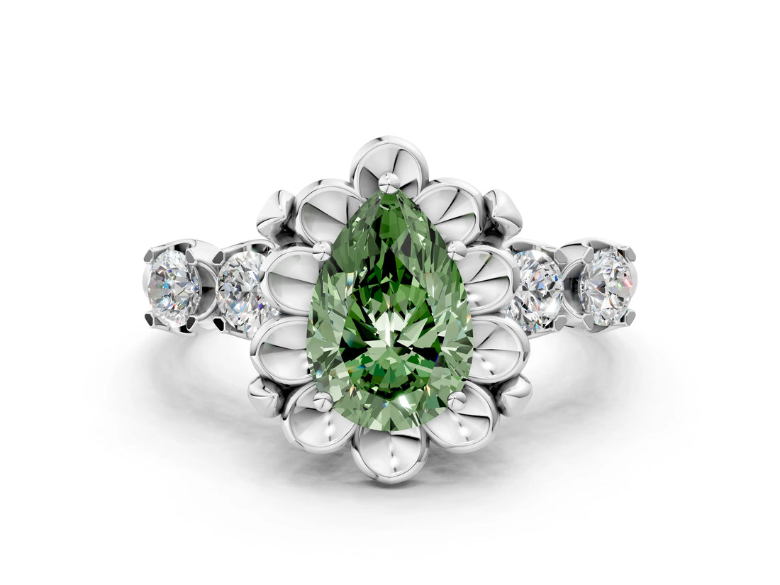 White gold Fancy Green Pear  Cut Diamond Floral Halo Engagement Ring with Shared Prong Setting 1