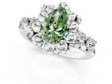 White gold Fancy Green Pear  Cut Diamond Floral Halo Engagement Ring with Shared Prong Setting 2