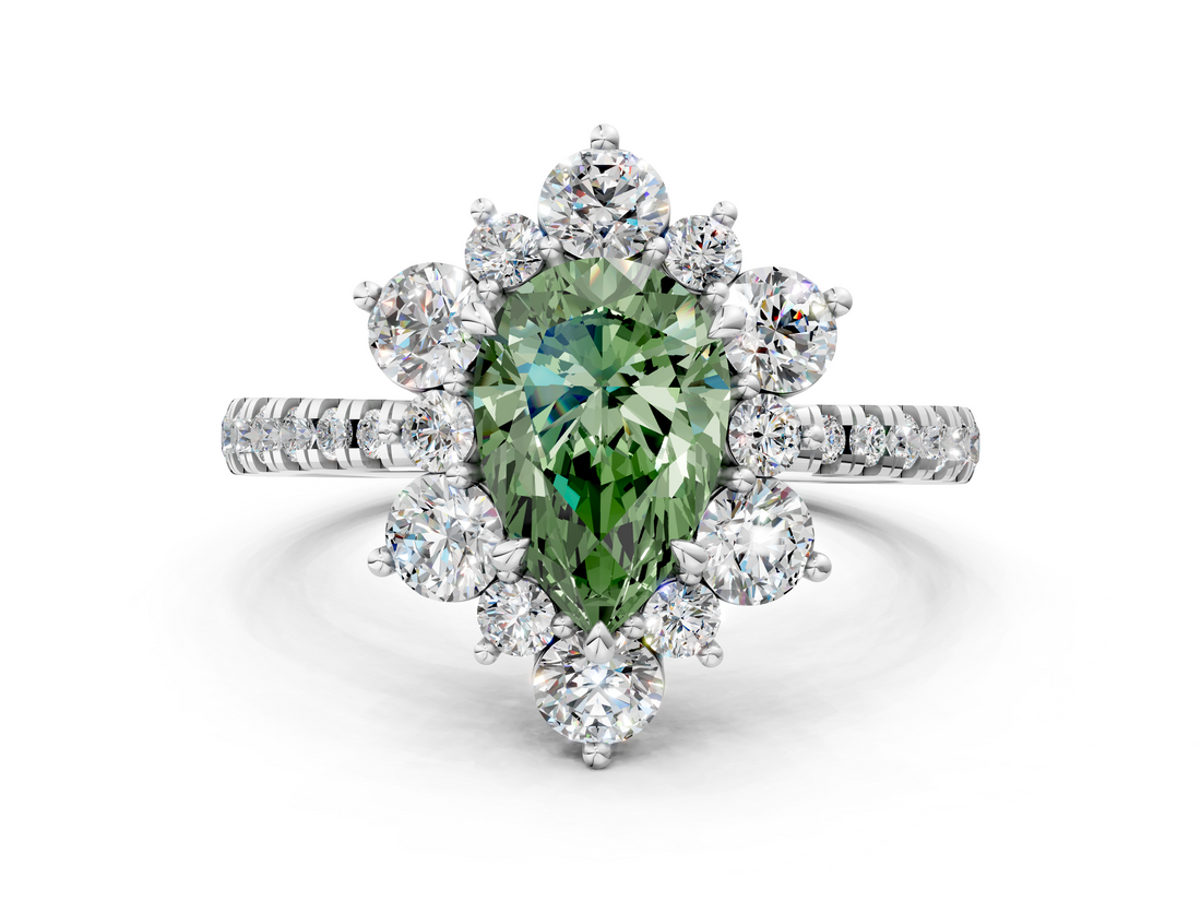 White gold Fancy Green Pear  Cut Diamond Floral Halo Pave Band with Prong Setting_37