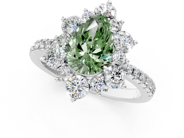 Platinum Fancy Green Pear  Cut Diamond Floral Halo Pave Band with Prong Setting