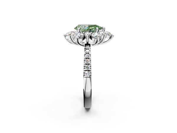 Platinum Fancy Green Pear  Cut Diamond Floral Halo Pave Band with Prong Setting