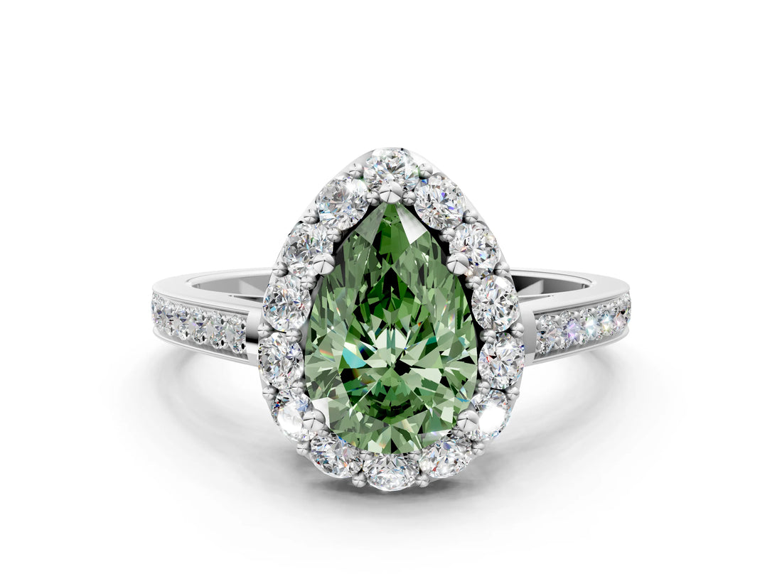 White gold Fancy Green Pear Cut Diamond Floral Halo Ring with Pavé Band and Prong Setting_7