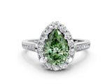 White gold Fancy Green Pear Cut Diamond Floral Halo Ring with Pavé Band and Prong Setting_7