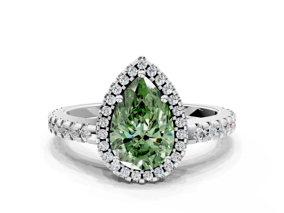 White gold Fancy Green Pear Cut Diamond Halo Engagement Ring with Pavé Band and Prong Setting_39