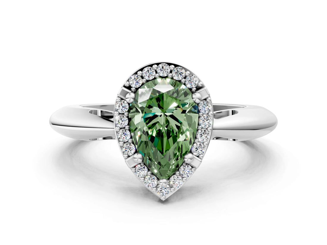 White gold Fancy Green Pear  Cut Diamond Halo Engagement Ring with Split Shank and Four-Prong Setting_90