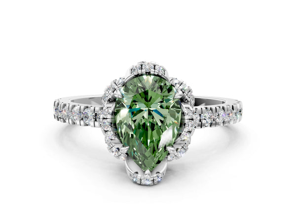 Platinum Fancy Green Pear Cut Diamond Halo Pave Band with Four-Prong Setting
