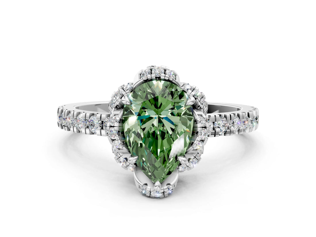 White gold Fancy Green Pear Cut Diamond Halo Pave Band with Four-Prong Setting_3