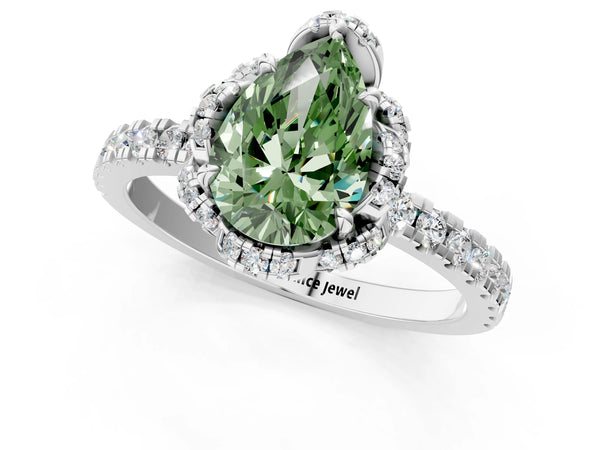 Platinum Fancy Green Pear Cut Diamond Halo Pave Band with Four-Prong Setting