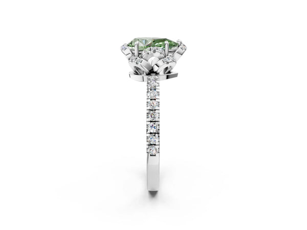 Platinum Fancy Green Pear Cut Diamond Halo Pave Band with Four-Prong Setting