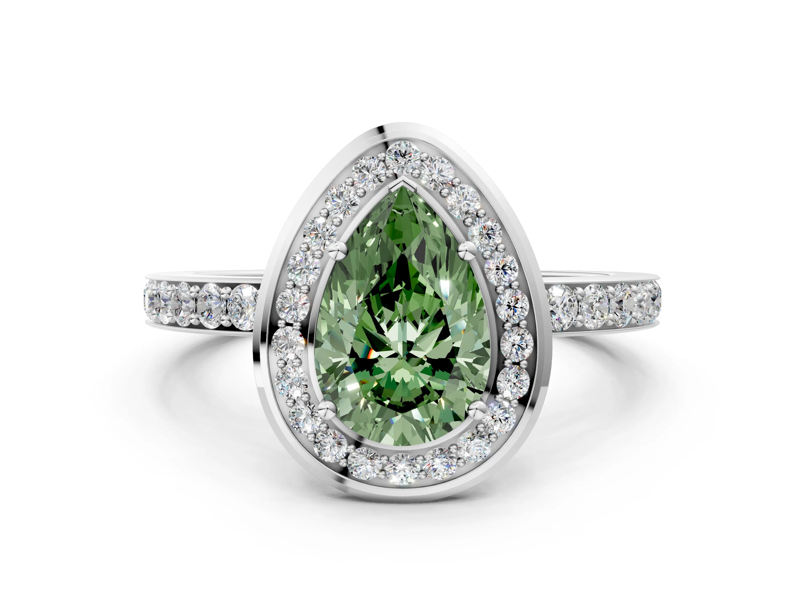 White gold Fancy Green Pear Cut Diamond Halo Ring with Bezel Frame and Pavé Band