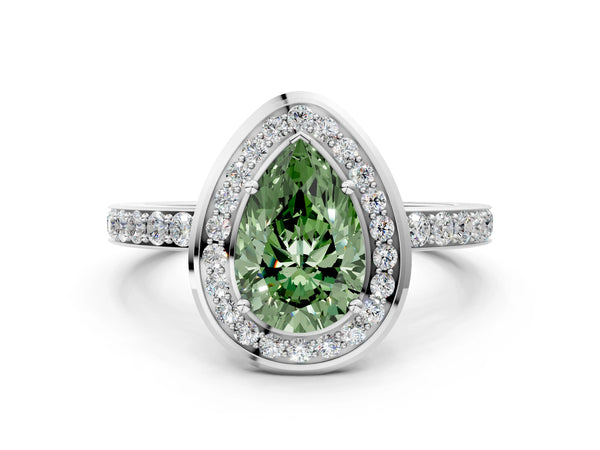 Platinum Fancy Green Pear Cut Diamond Halo Ring with Bezel Frame and Pavé Band