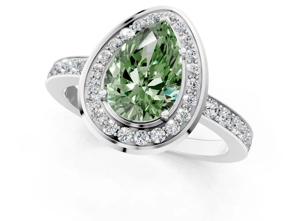 Platinum Fancy Green Pear Cut Diamond Halo Ring with Bezel Frame and Pavé Band