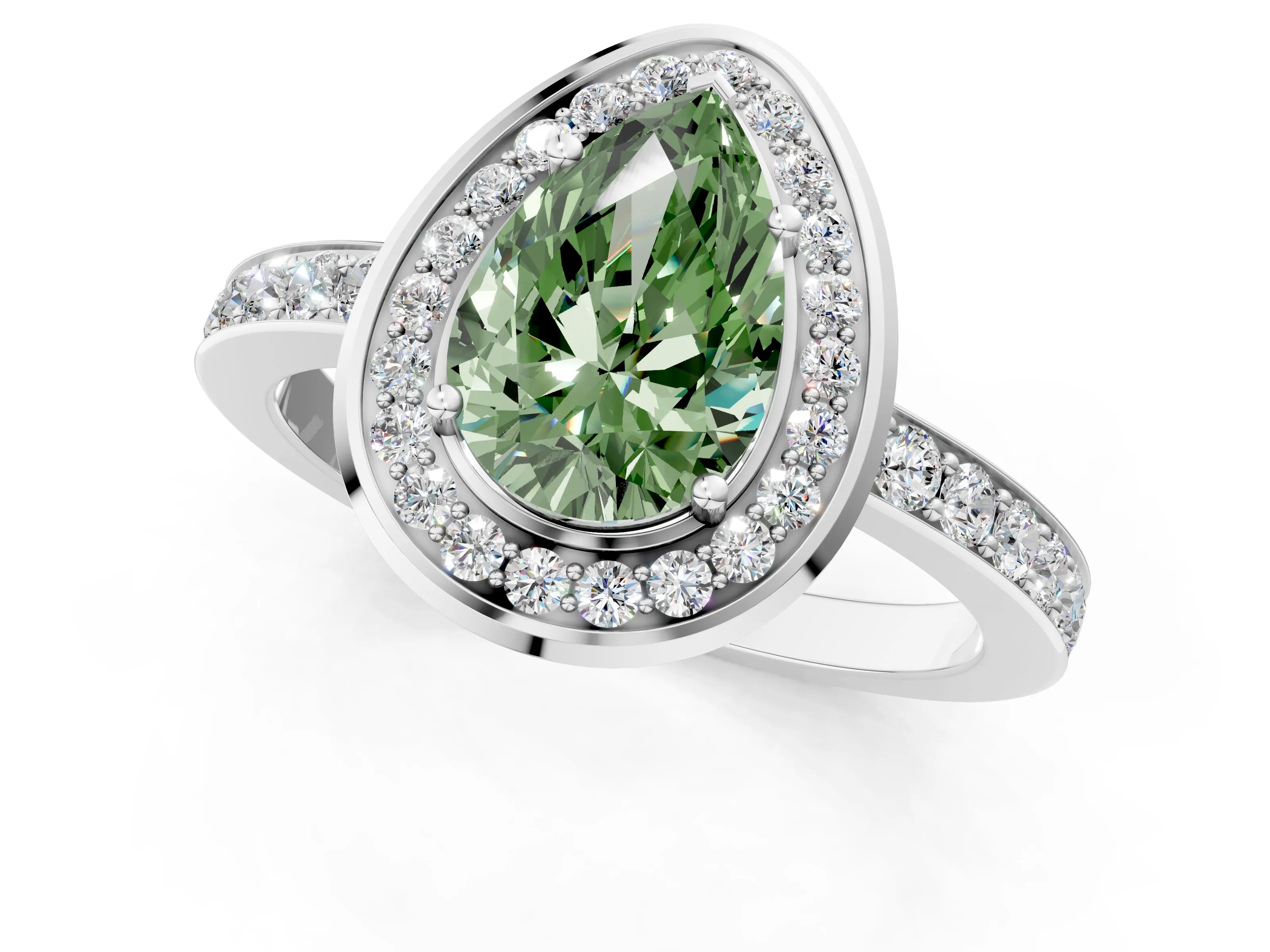 White gold Fancy Green Pear Cut Diamond Halo Ring with Bezel Frame and Pavé Band_1