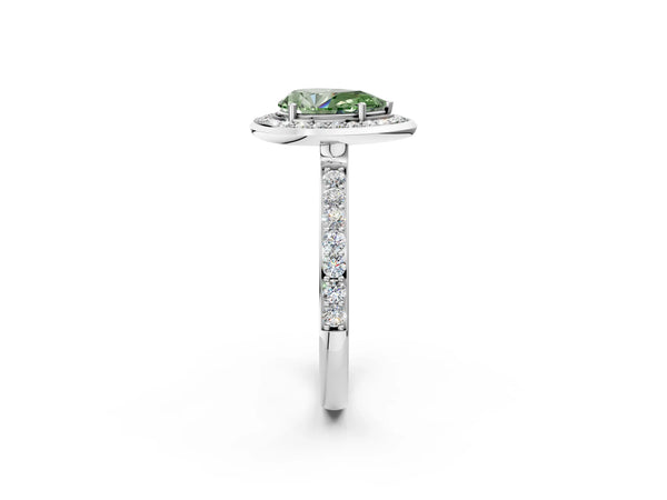 Platinum Fancy Green Pear Cut Diamond Halo Ring with Bezel Frame and Pavé Band