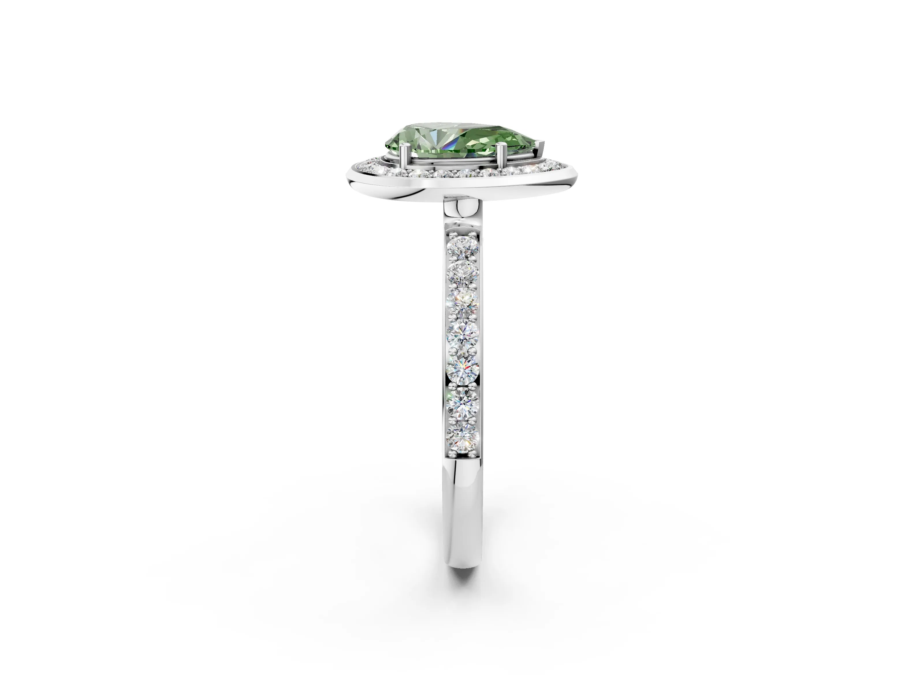 White gold Fancy Green Pear Cut Diamond Halo Ring with Bezel Frame and Pavé Band_2