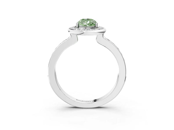 Platinum Fancy Green Pear Cut Diamond Halo Ring with Bezel Frame and Pavé Band
