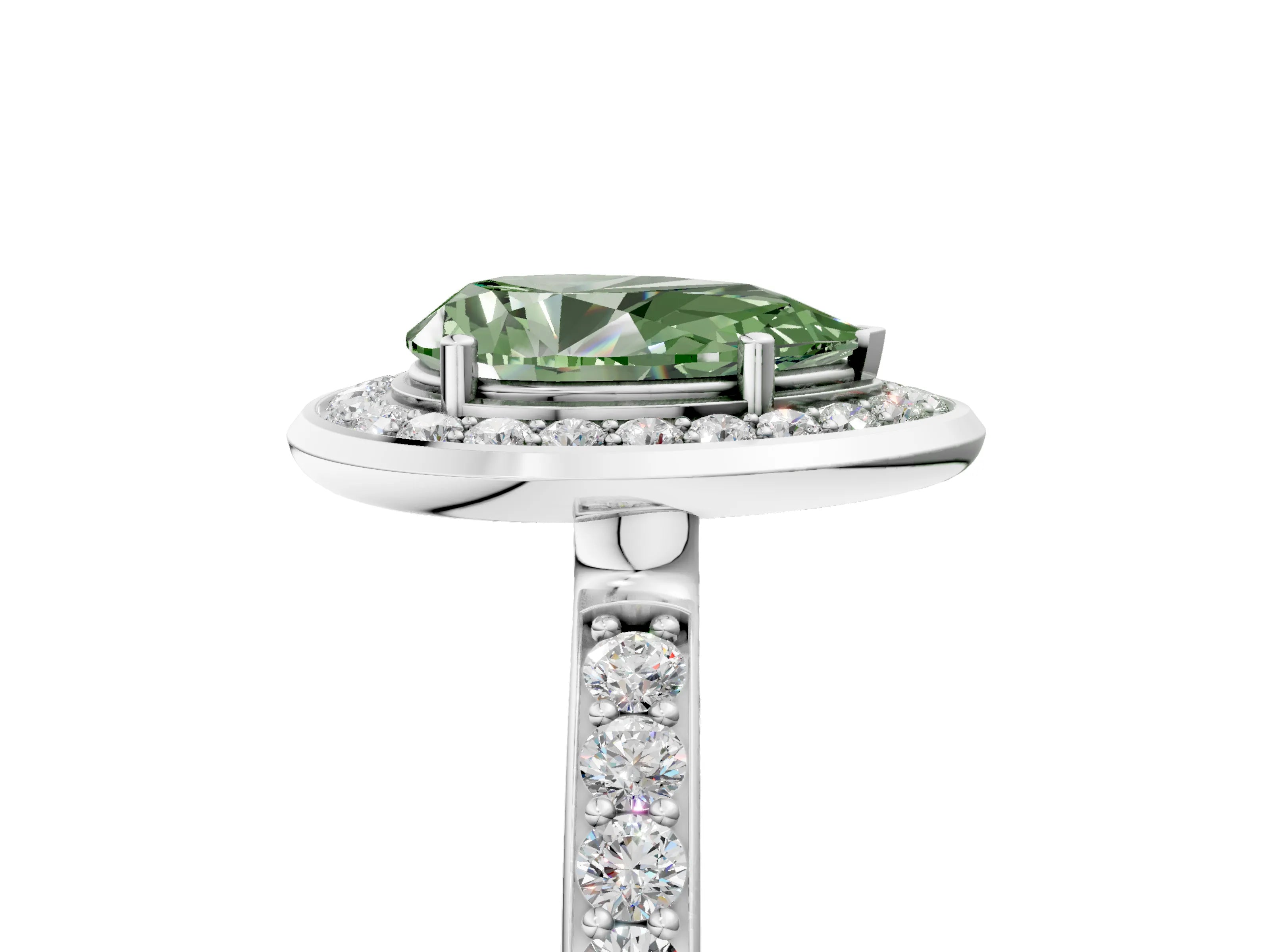 White gold Fancy Green Pear Cut Diamond Halo Ring with Bezel Frame and Pavé Band_5