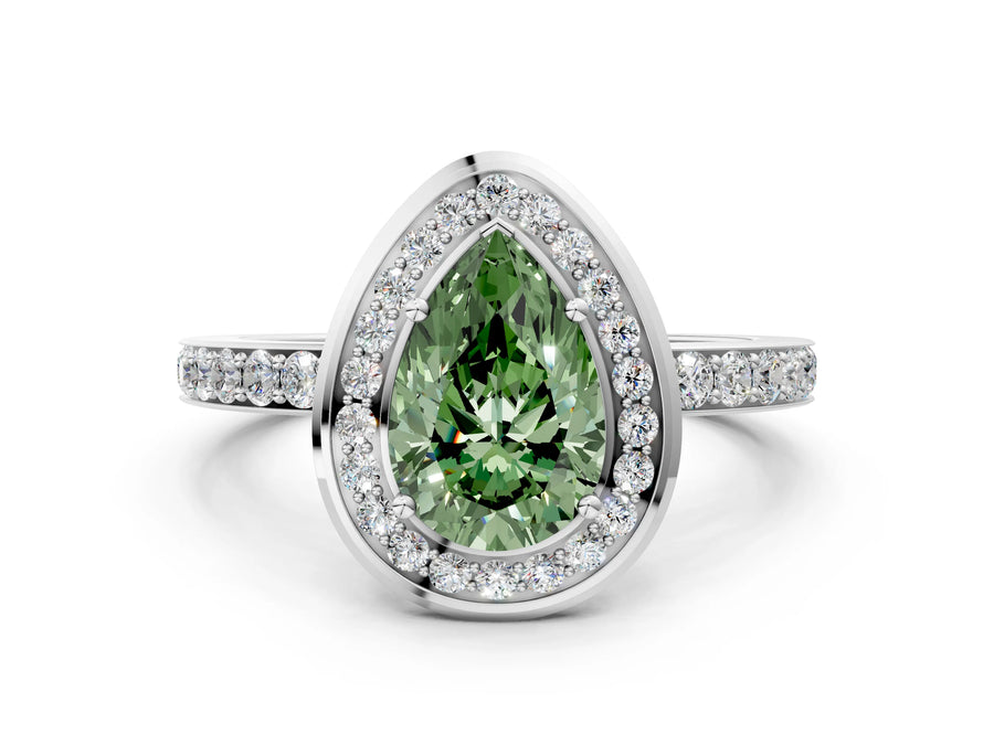 White gold Fancy Green Pear Cut Diamond Halo Ring with Bezel Frame and Pavé Band