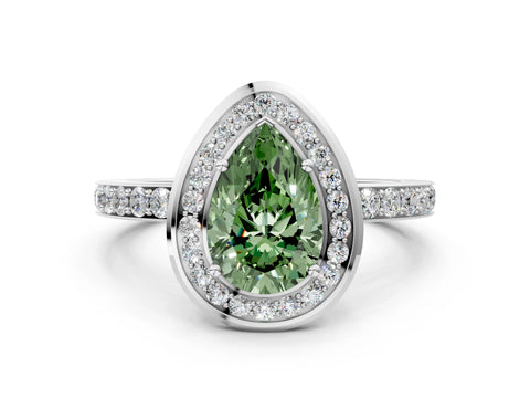 White gold Fancy Green Pear Cut Diamond Halo Ring with Bezel Frame and Pavé Band