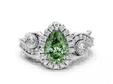 White gold Fancy Green Pear Cut Diamond Halo Ring with Milgrain Pavé Band and Four-Prong Setting_65